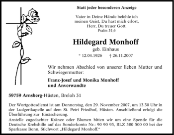 Traueranzeige von Hildegard Monhoff von Tageszeitung