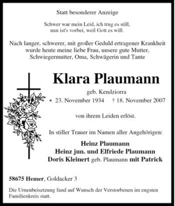Traueranzeige von Klara Plaumann von Tageszeitung