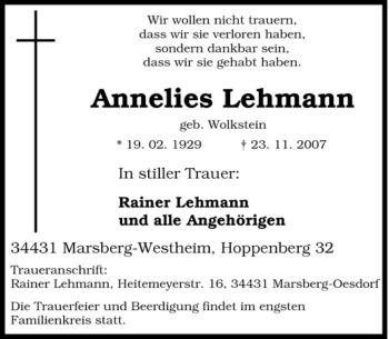 Traueranzeige von Annelies Lehmann von Tageszeitung