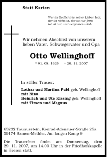 Traueranzeige von Otto Wellinghoff von Tageszeitung