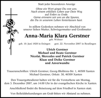 Traueranzeige von Anna-Maria Klara Gerstner von Tageszeitung