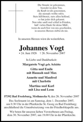 Traueranzeige von Johannes Vogt von Tageszeitung