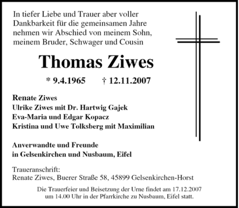  Traueranzeige für Thomas Ziwes vom 28.11.2007 aus Tageszeitung