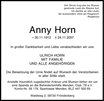 Traueranzeige von Anny Horn von Tageszeitung