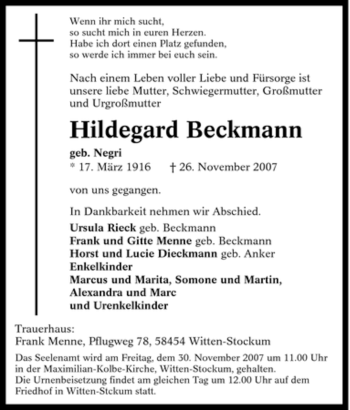 Traueranzeige von Hildegard Beckmann von Tageszeitung