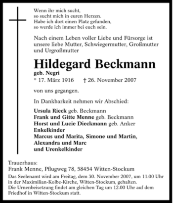 Traueranzeige von Hildegard Beckmann von Tageszeitung