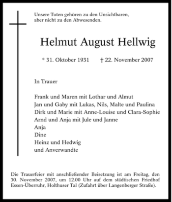 Traueranzeige von Helmut August Hellwig von Tageszeitung