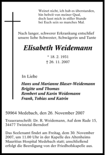 Traueranzeige von Elisabeth Weidemann von Tageszeitung