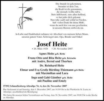 Traueranzeige von Josef Heite von Tageszeitung