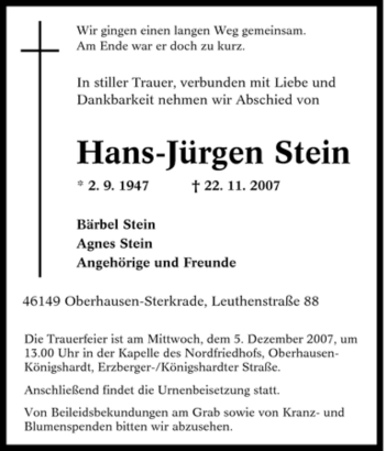 Traueranzeige von Hans-Jürgen Stein von Tageszeitung