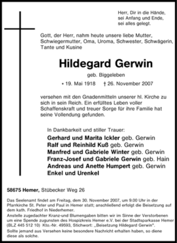 Traueranzeige von Hildegard Gerwin von Tageszeitung