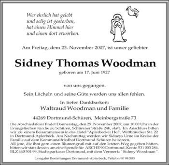 Traueranzeige von Sidney Thomas Woodman von Tageszeitung
