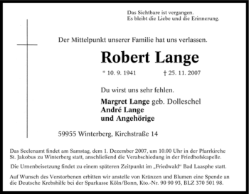Traueranzeige von Robert Lange von Tageszeitung
