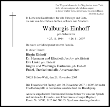 Traueranzeige von Walburgis Einhoff von Tageszeitung