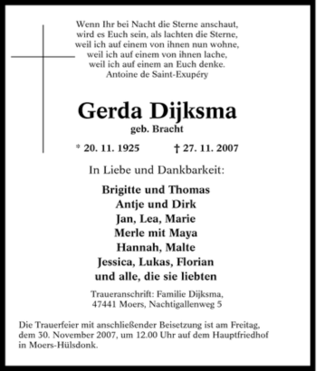 Traueranzeige von Gerda Dijksma von Tageszeitung