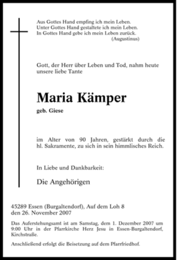 Traueranzeige von Maria Kämper von Tageszeitung