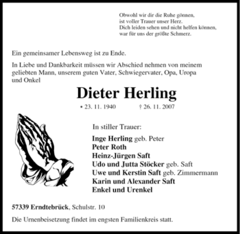 Traueranzeige von Dieter Herling von Tageszeitung