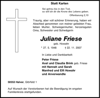 Traueranzeige von Juliane Friese von Tageszeitung
