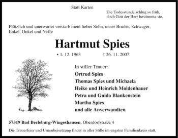 Traueranzeige von Hartmut Spies von Tageszeitung