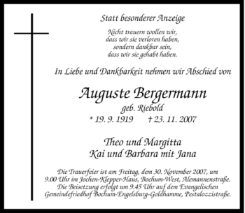 Traueranzeige von Auguste Bergermann von Tageszeitung