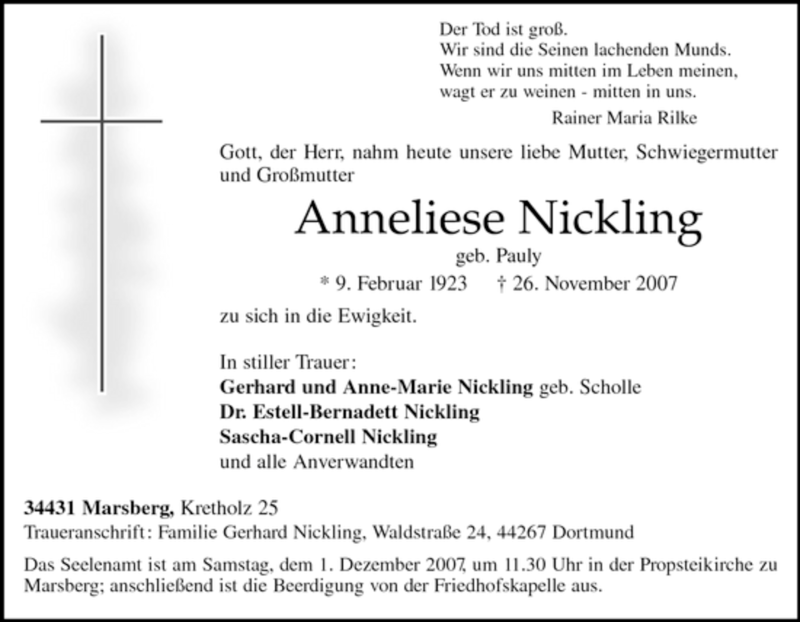  Traueranzeige für Anneliese Nickling vom 28.11.2007 aus Tageszeitung
