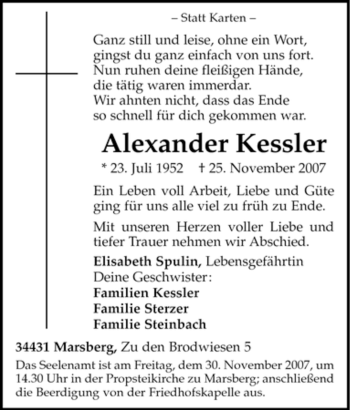 Traueranzeige von Alexander Kessler von Tageszeitung