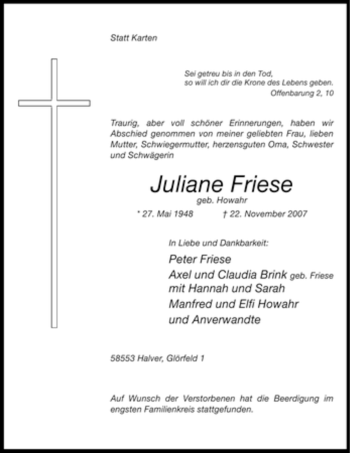 Traueranzeige von Juliane Friese von Tageszeitung