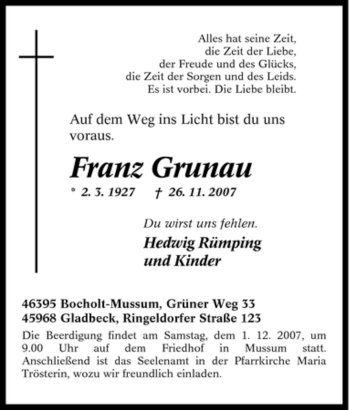 Traueranzeige von Franz Grunau von Tageszeitung