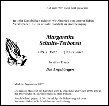 Traueranzeige von Margarethe Schulte-Terboven von Tageszeitung