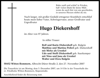 Traueranzeige von Hugo Diekershoff von Tageszeitung