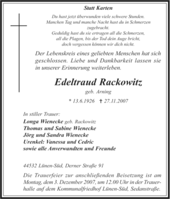 Traueranzeige von Edeltraud Rackowitz von Tageszeitung