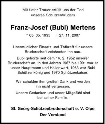 Traueranzeige von Franz-Josef Mertens von Tageszeitung
