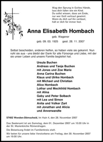 Traueranzeige von Anna Elisabeth Hombach von Tageszeitung