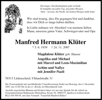 Traueranzeige von Manfred Hermann Klüter von Tageszeitung