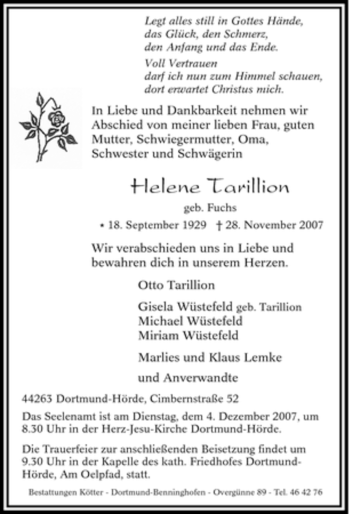 Traueranzeige von Helene Tarillion von Tageszeitung