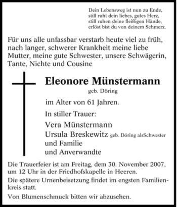 Traueranzeige von Eleonore Münstermann von Tageszeitung