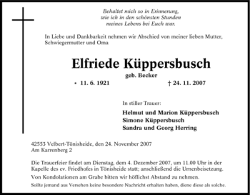 Traueranzeige von Elfriede Küppersbusch von Tageszeitung
