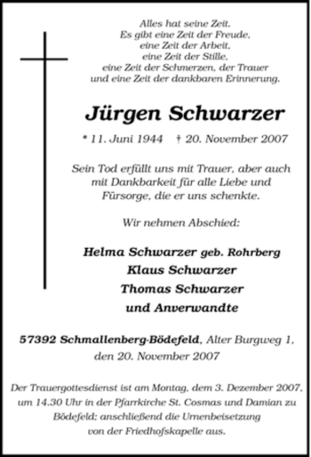 Traueranzeige von Jürgen Schwarzer von Tageszeitung