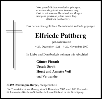 Traueranzeige von Elfriede Pattberg von Tageszeitung