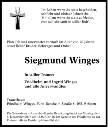 Traueranzeige von Siegmund Winges von Tageszeitung