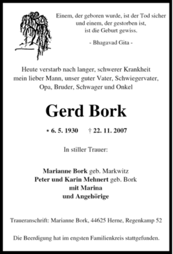 Traueranzeige von Gerd Bork von Tageszeitung