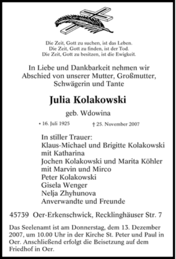 Traueranzeige von Julia Kolakowski von Tageszeitung