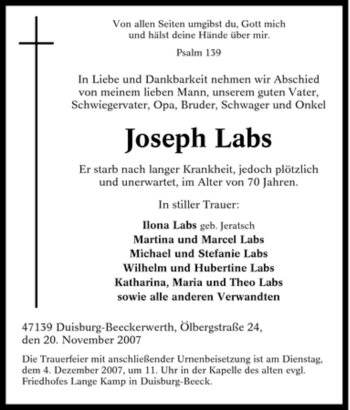 Traueranzeige von Joseph Labs von Tageszeitung