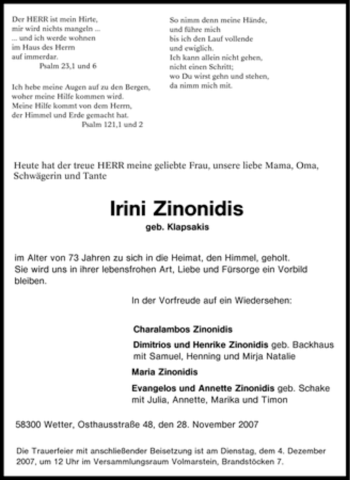 Traueranzeige von Irini Zinonidis von Tageszeitung