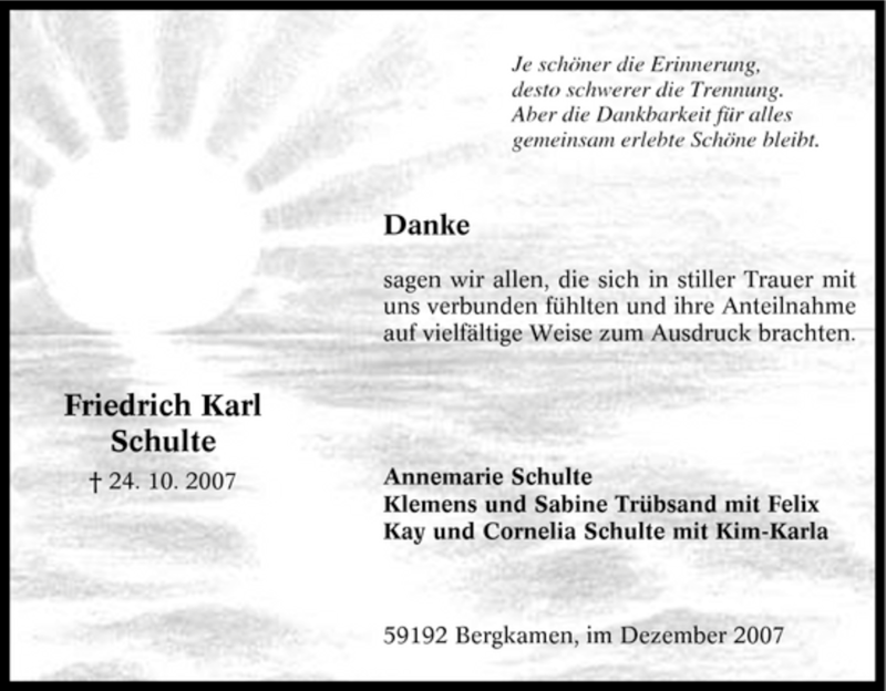  Traueranzeige für Friedrich Karl Schulte vom 01.12.2007 aus Tageszeitung
