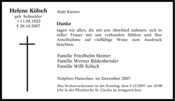 Traueranzeige von Helene Kölsch von Tageszeitung