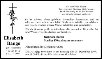 Traueranzeige von Elisabeth Bange von Tageszeitung