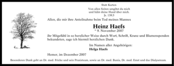 Traueranzeige von Heinz Haefs von Tageszeitung