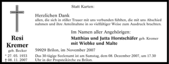 Traueranzeige von Resi Kremer von Tageszeitung