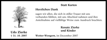 Traueranzeige von Udo Zierke von Tageszeitung